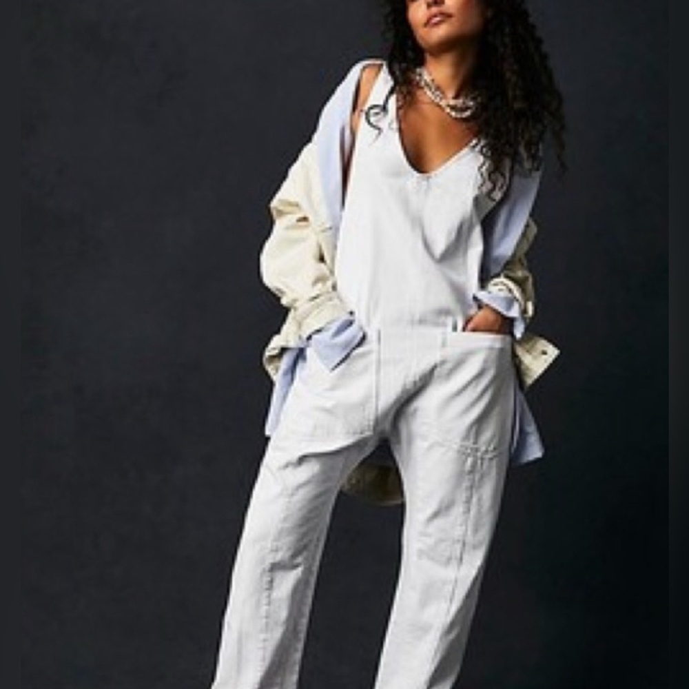 Free People High Roller Jumpsuit in White Denim Size XS